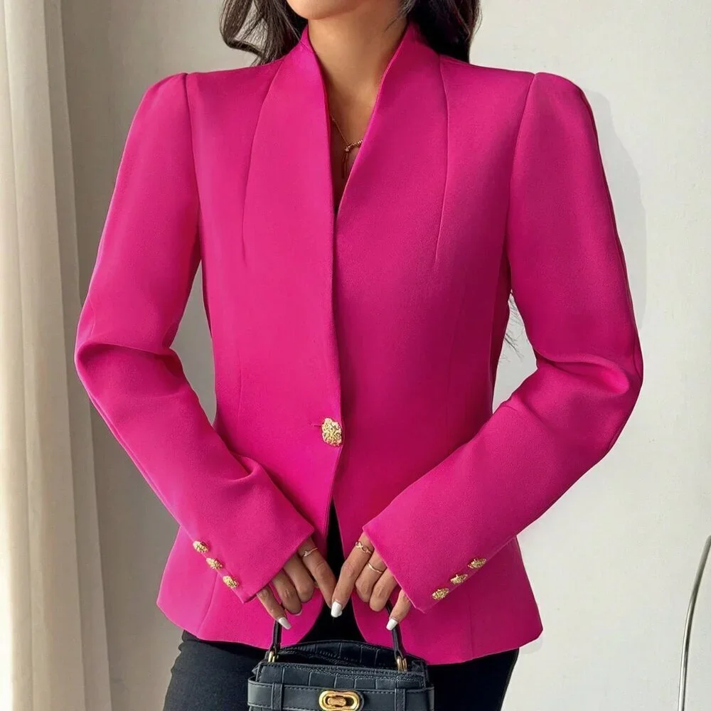 Hot Pink Elegant Women's Solid Single Button Long Sleeve Blazer - Picture 6 of 7